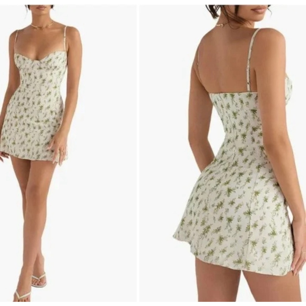 New House of CB Christina Garden Print Dress, Size M, White & Green $225 MSRP - Picture 3 of 11